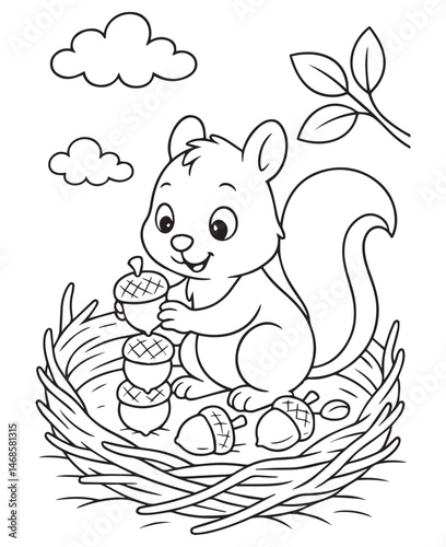 Coloring book  squirrel carefully stacks acorns in a cozy nest under fluffy clouds