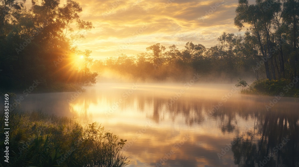 Fototapeta premium Serene sunrise over a misty river, golden light illuminating the tranquil landscape.