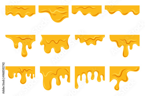 Honey dripping set. Sticky sweet dripping spots, flowing sugar syrup, yellow viscous liquid