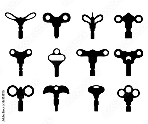 Wind up keys silhouette toy mechanisms collection isolated on white