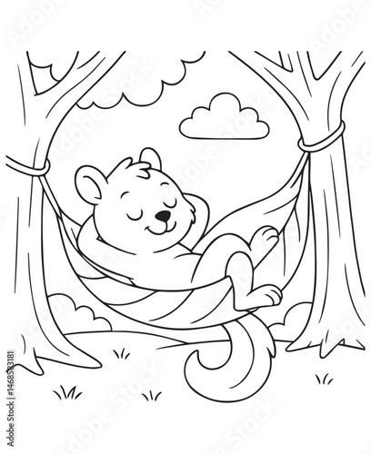 Coloring book squirrel peacefully naps in a hammock strung between two trees under a fluffy cloud