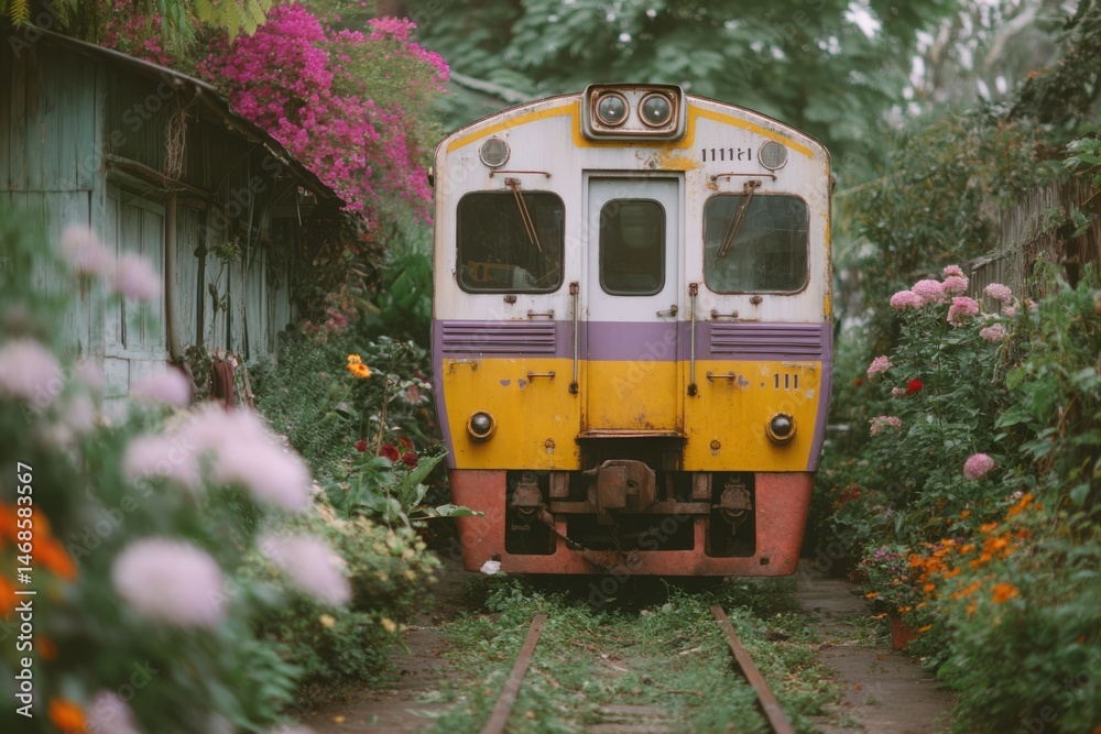 Naklejka premium Abandoned Train Photography, Thailand Train Travel: Vintage Train Head-On, Floral Overgrowth, Rustic Charm, Weathered Yellow Paint, Lush Green Background