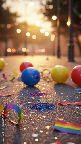 Celebration Aftermath on Street with Balloons and Confetti
