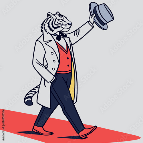A tiger wearing a coat and vest walking on a red carpet while raising his hat up high