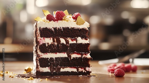Triple-layer chocolate cake with ganache dripping, raspberry coulis swirls
