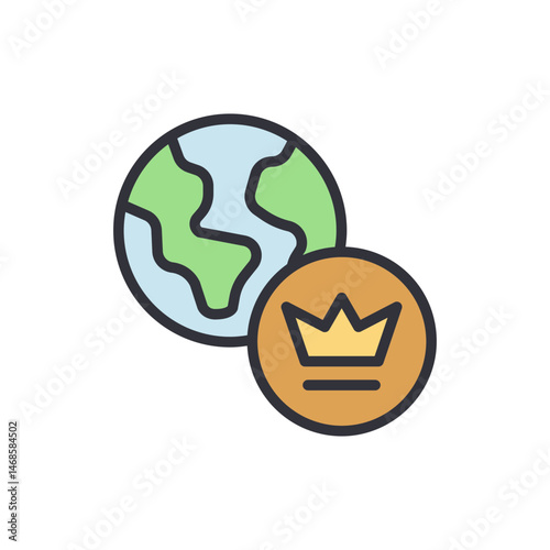 Illustrative planet earth icon alongside a symbolic crown, signifying global governance