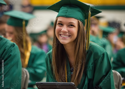 High school girl in green and white graduation gown and cap with tassel holding diploma, smiling at first high school graduation ceremony in indoor gymnasium.