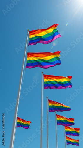 Flags Flying Against Bright Blue Sky on Sunny Day