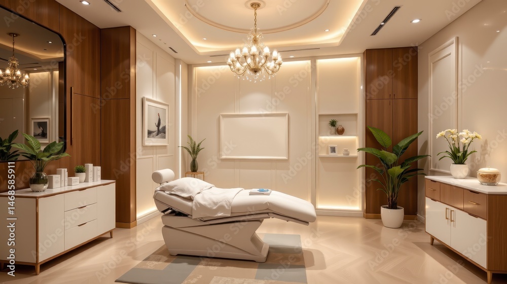 Fototapeta premium Luxurious spa treatment room with modern design, tranquil atmosphere, soft lighting, and elegant decor for relaxation and rejuvenation