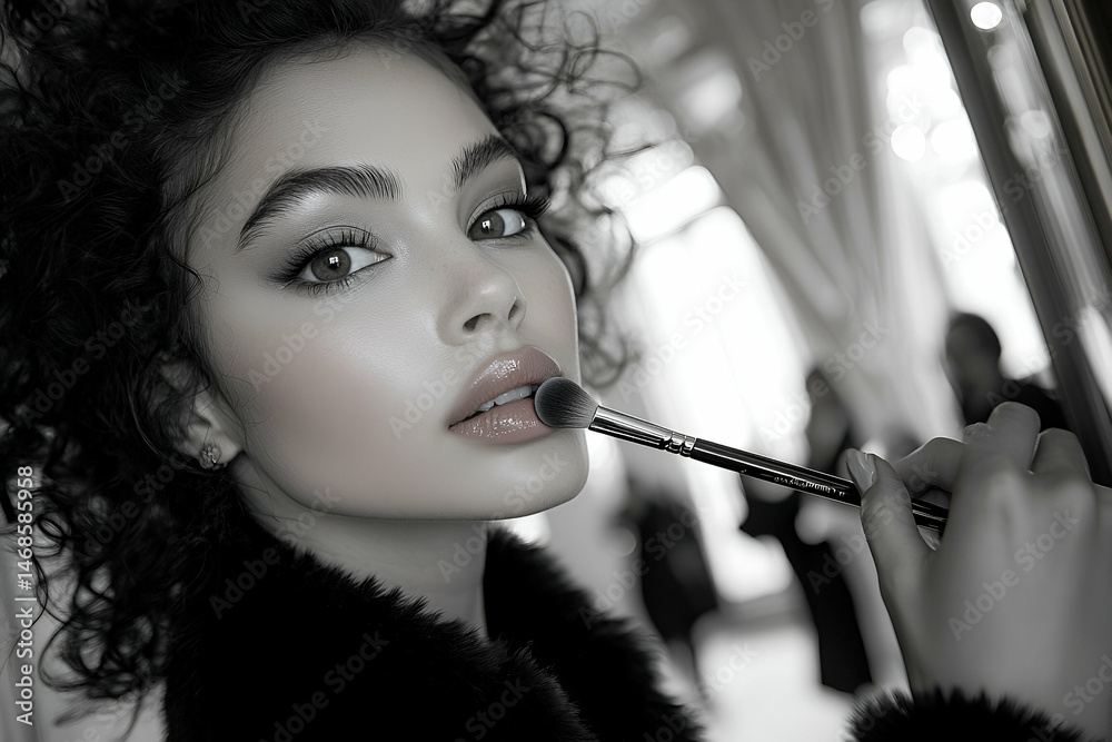 Obraz premium Glamorous Woman Applying Makeup with Brush in Monochrome Portrait