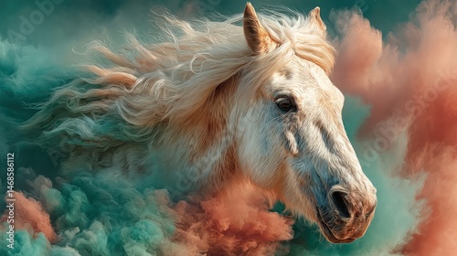 Majestic white horse in colorful smoke