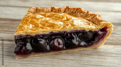 Delicious slice of cherry pie on wooden surface.