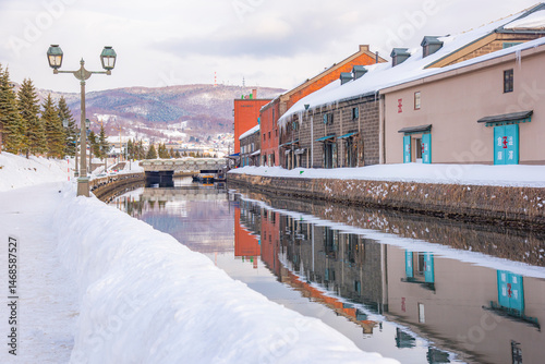 Japan - February 3, 2024 : Scenic view of Otaru canal in winter,  Otaru canal is one of most famous tourist destination in Hokkaido	