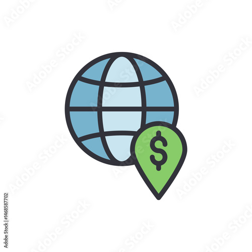 Global finance location, stylized world with money symbol and navigation pin