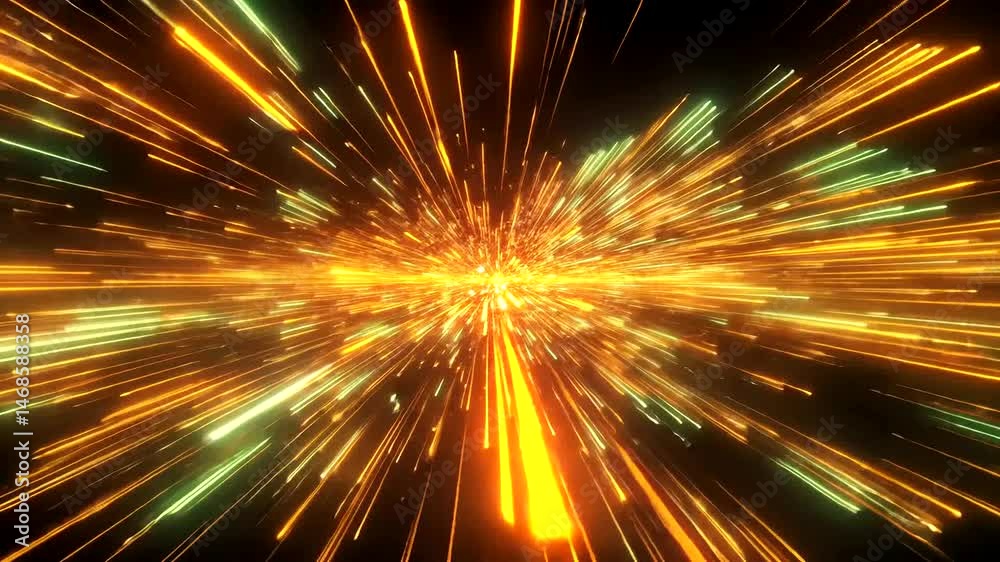 Golden and lime light streaks explode outwards from a bright center, creating a dynamic burst of energy against a dark, vast background Golden and lime light streaks explode outwards from a bright center, creating a dynamic burst of energy against a dark, vast background