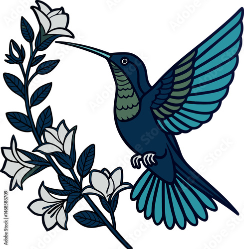 A stylized illustration of a hummingbird feeding on a white flower branch design art