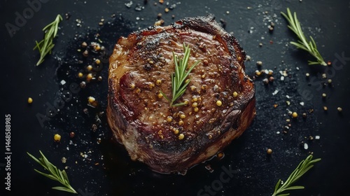 Close-up view of a cooked steak topped with herbs and spices.