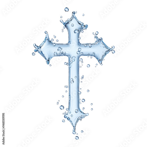 Water Cross Symbol Representing Faith and Spirituality in Clear Liquid Isolated on transparent background