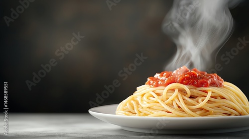 Isolated on white, a side view of a steaming hot plate of spaghetti in rich tomato sauce, sauce glistening, glossy finish, magazinequality food photography
