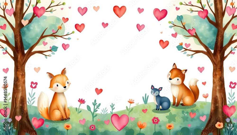 Naklejka premium Charming watercolor woodland creatures & trees seamless pattern with hearts, spring, bear