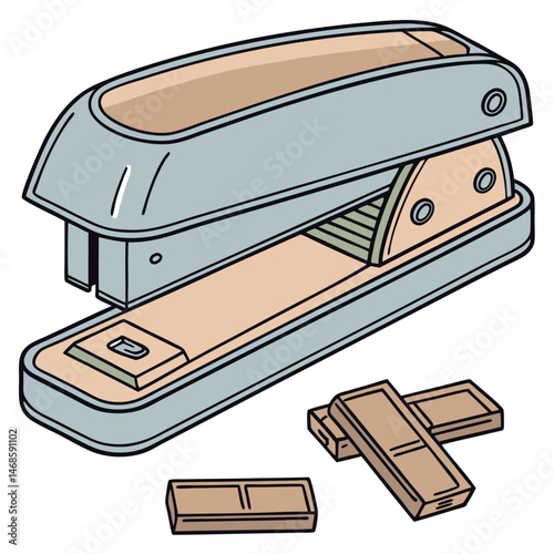 A gray stapler with a tan base and a few tan staple refills lying on a white surface