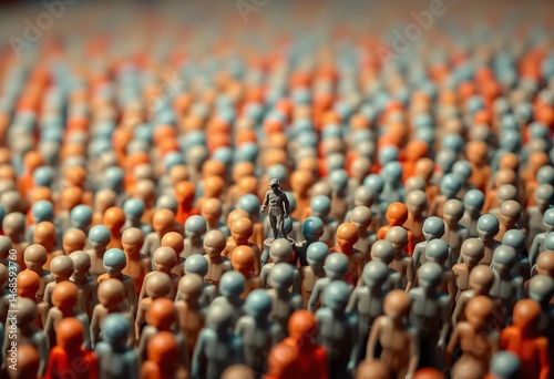 A lone miniature figure contrasts sharply with a mass of identical figurines, figurine, separate
