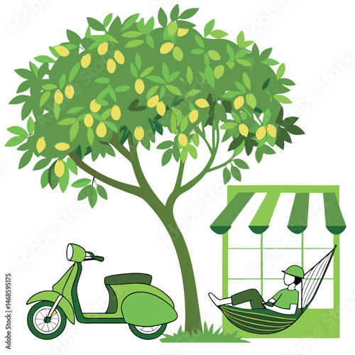 A person relaxing in a hammock next to a lemon tree and a green scooter illustration