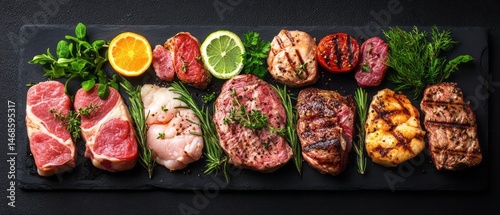 Variety of grilled meats and vegetables on a dark slate board.