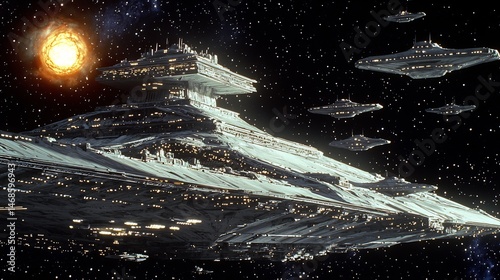 Massive alien space station orbiting dying star ships flying between its enormous platforms cinematic futuristic space hub