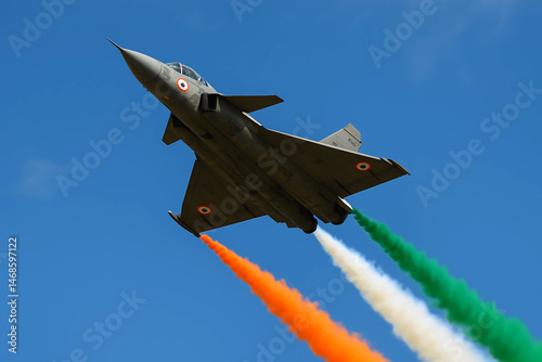 Indian fighter jets fly with flag-colored smoke trails in the clear blue sky