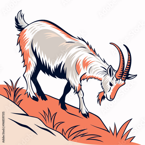 A stylized illustration of a goat with large horns standing on a rocky hillside