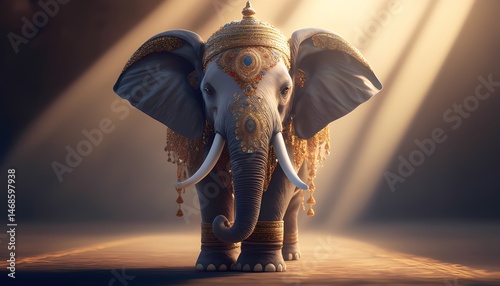 Majestic elephant adorned with jewelry standing in soft light  