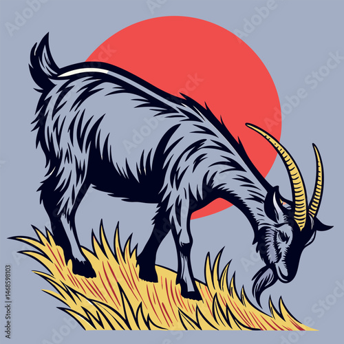 A stylized goat grazing on a patch of yellow grass with a red circle in the background