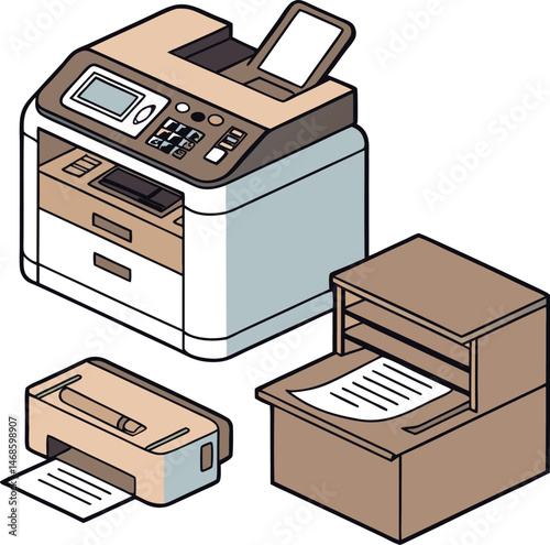 Isometric illustration of office printers and paper organizer on a white background