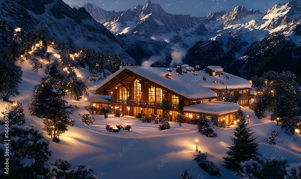 Fototapeta premium Illuminated Chalet on Snowy Mountain at Night