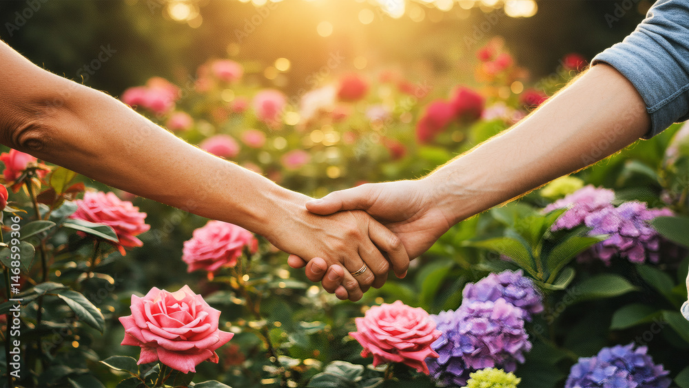 Fototapeta premium Affectionate Hands Clasped Amidst Blooming Roses
