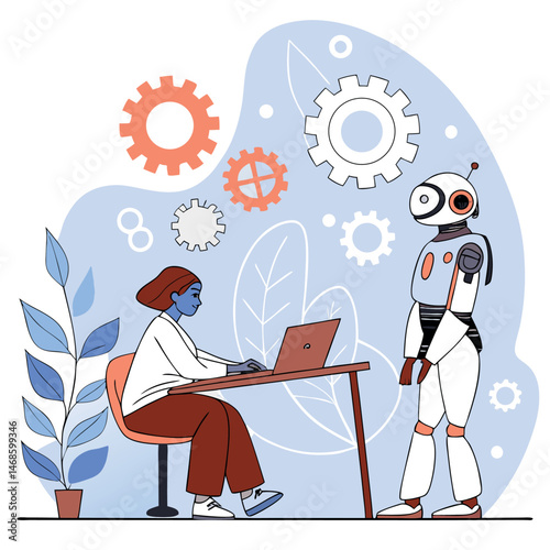 A woman working on a laptop with a robot standing beside her with gears in background