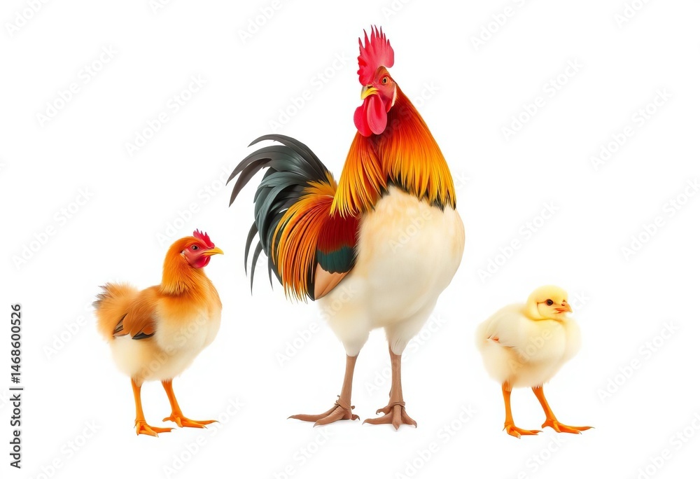 Fototapeta premium A vibrant rooster, hen, and chick stand separately against a pure white backdrop, animal, wings