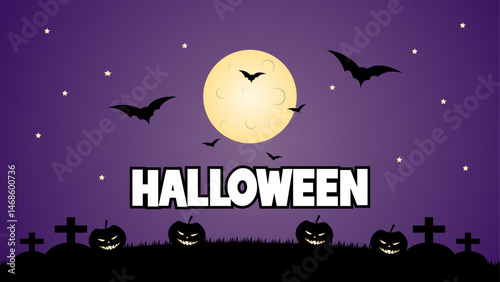 Spooky Halloween background with pumpkins, moon, bat and grave. Cool and horror designs. Poster, banner, flyer for night event Hallowen party and halloween day
