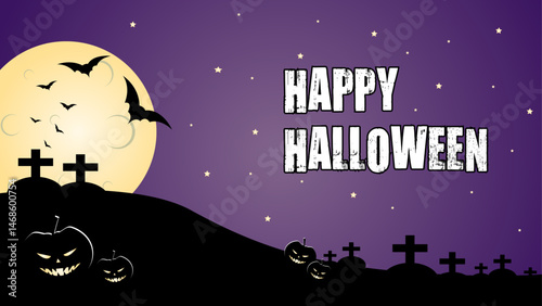 Spooky Halloween background with pumpkins, moon, bat and grave. Cool and horror designs. Poster, banner, flyer for night event Hallowen party and halloween day