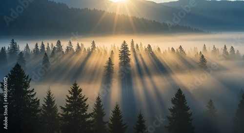 Majestic Dawn in Misty Forest with Sunlight Breaking Through Fog and Pine Trees