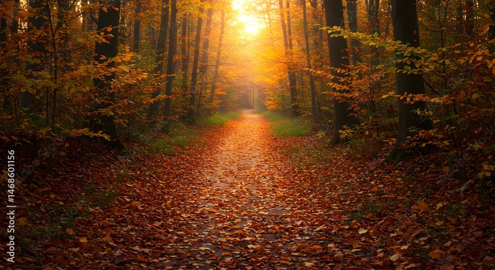 Fototapeta premium Serene Autumn Pathway Through a Golden Leaf Covered Forest with Sunlight Streaming