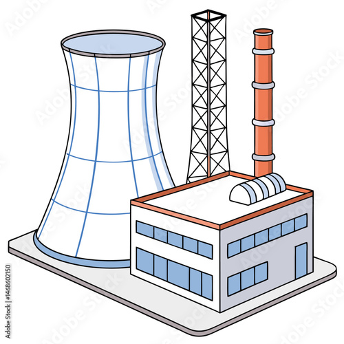 Illustration of a nuclear power plant with cooling tower and building structure view