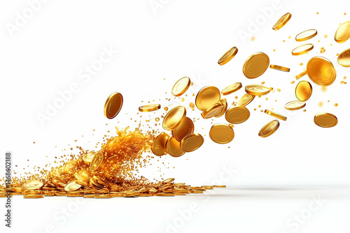 Golden coins exploding and scattering on a white background.