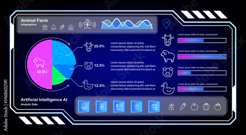 Animal farm infographic with animal icons and data dashboard. Ideal for modern farming, livestock statistics, agricultural technology, and smart farm visual presentations. Vector flat design.
