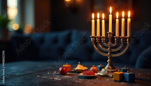 A traditional menorah with candles lit for Hanukkah, surrounded by dreidels and gelt , latkes, faith, tradition