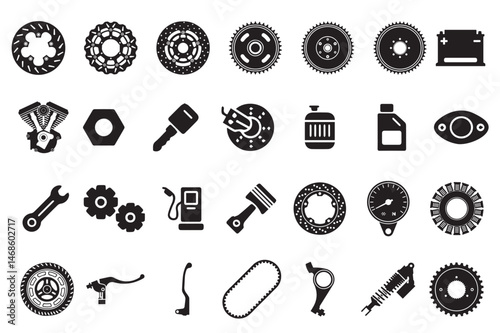 "A detailed collection of vector icons representing various motorbike parts and tools. Includes illustrations of helmets, engines, gears, spanners, wheels, and other motorcycle-related elements.