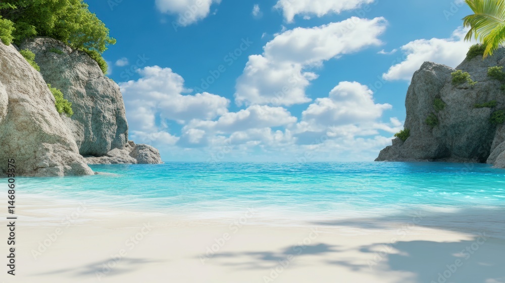 Naklejka premium Tranquil Beach Cove Turquoise Water, White Sand, and Rocky Cliffs