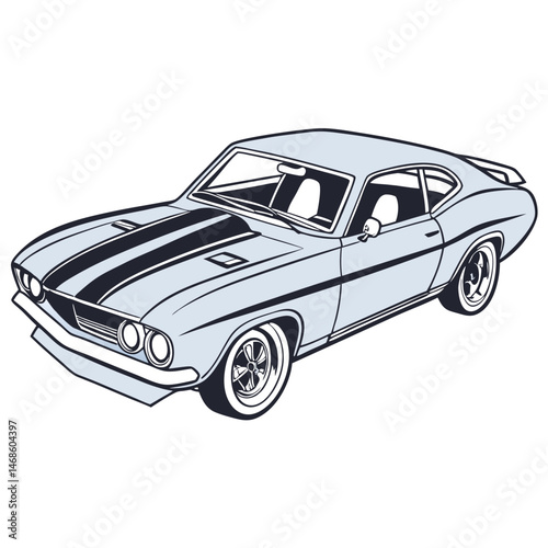 Illustration of a light blue classic muscle car with black racing stripes on a white background