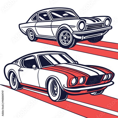 Two classic cars one white and one red sitting on red and white stripes graphic